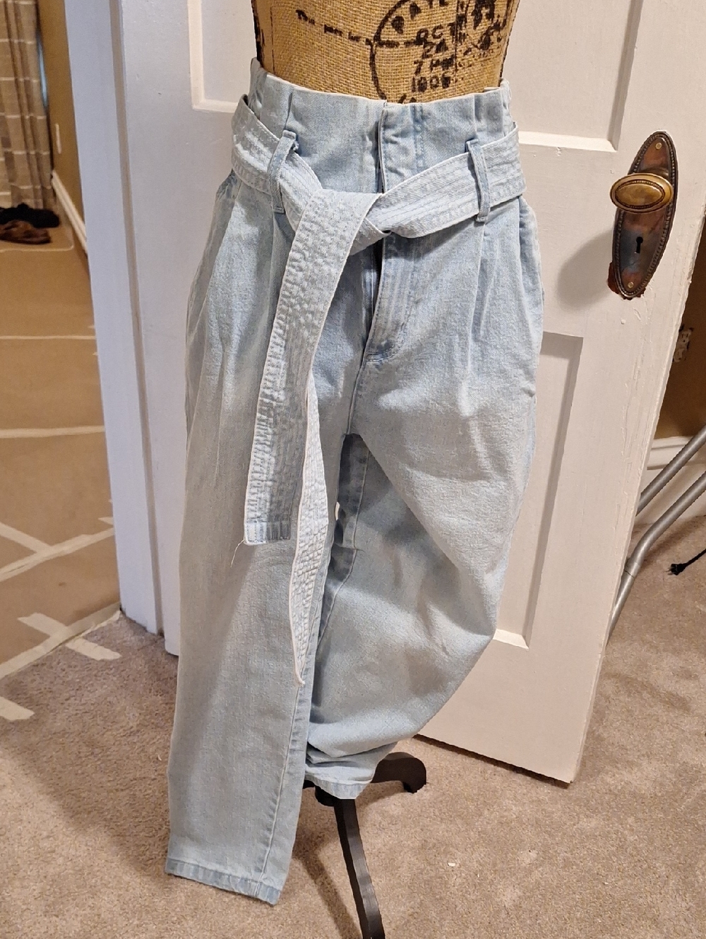 High-Rise Light Wash Paperbag Jeans with Tie Belt - Women
